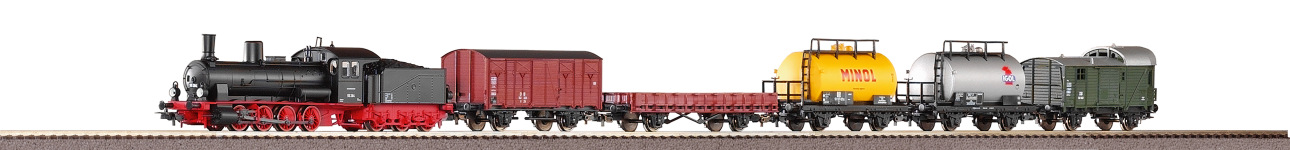 PIKO 57123 - H0 - Start Set Güterzug Dampflok G7 + 5 Wagen; A-Gleis & Bettung der DB; Ep. III